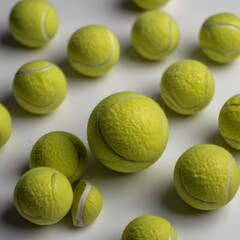 a collection of tennis balls, with the largest in the foreground textured and yellow against a bright background