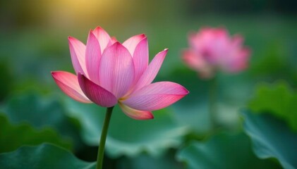 A delicate pink lotus blooms in the morning dew drops, calm, delicate