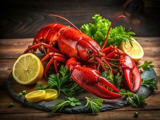 Delicious Red Lobster with Lemon and Herbs on Black Wood