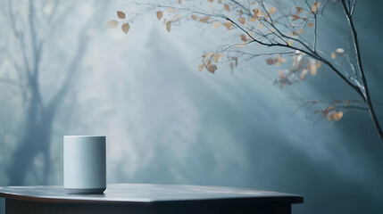 Serene minimalist scene a white cylindrical object on a dark wood table, set against a misty forest backdrop with a leafless branch.