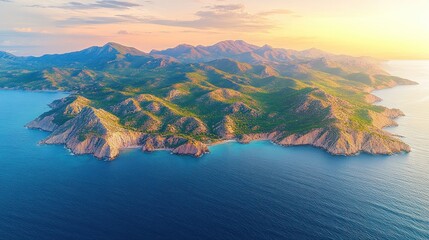 Obraz premium Coastal mountains at sunset, aerial view, Adriatic islands