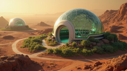 In a vast desert at sunrise, two futuristic glass domes lie nestled among sandy terrain and sparse greenery. The structures exemplify innovative architecture focused on sustainability