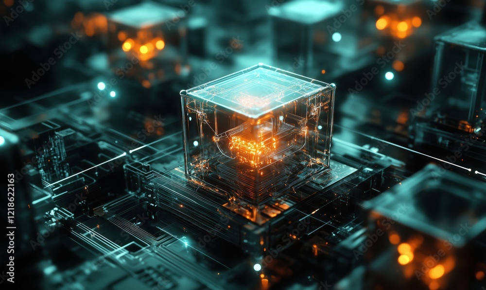 Poster futuristic glowing cube technology in digital circuit board environment showcasing advanced computin