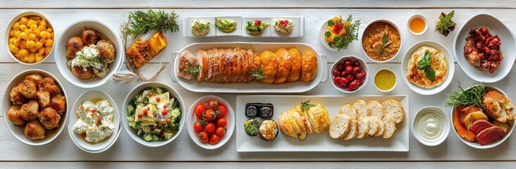 Exquisite Presentation of Gourmet Dishes and Fresh Ingredients on a Long Table for a Festive Occasion with a Colorful Variety of Flavors and Textures