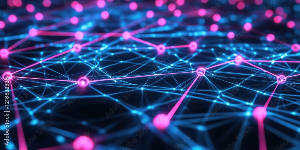 Poster abstract digital network visualization with glowing blue and pink nodes and connections, representin