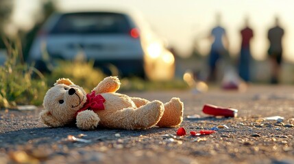 Abandoned Teddy Bear on Road Accident Scene Loss Grief Sadness Trauma