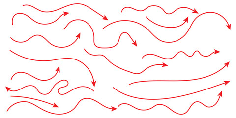 Simple Hand-Drawn Arrow Set Red Vector. Hand drawn thin line arrows set. Many vector curvy and wavy arrows isolated on white background. Isolated vector arrows, hand drawn 