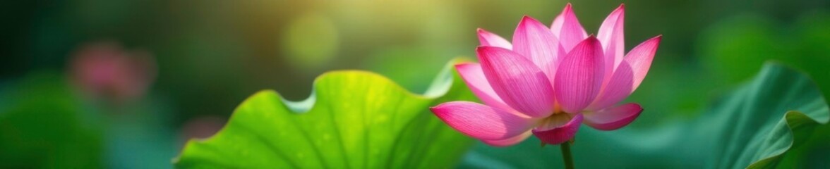 Fototapeta premium A delicate pink lotus blooms in the morning dew drops, lotus, flower
