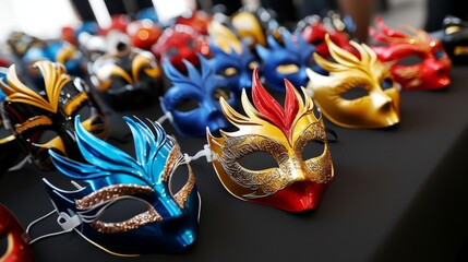 A collection of exquisite Venetian masquerade masks in vibrant colors, representing the festive spirit of a grand carnival celebration