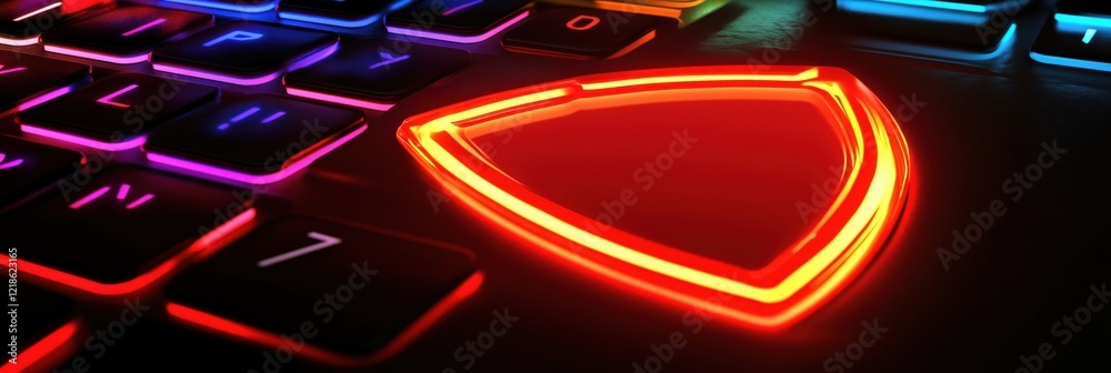 Poster vibrant rgb gaming keyboard close-up with illuminated keys and triangular button