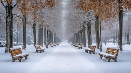 Snowy park with a path lined with trees and benches - generated AI