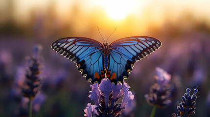 Majestic Blue Butterfly on Lavender Field at Sunset