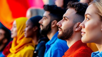 Fototapeta premium Diverse Group of Young Adults Looking Upward Multicultural Crowd Hopeful Expressions