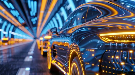Obraz premium Futuristic Car Driving In Illuminated Tunnel By Night.