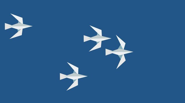 Four white origami birds are flying together in formation on a blue sky background, with minimalist design