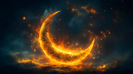 Obraz premium Fiery Crescent Moon in a Starlit Night Sky