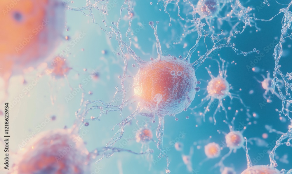 Poster microscopic view of vibrant cells with intricate structures and fluid dynamics, showcasing biologica