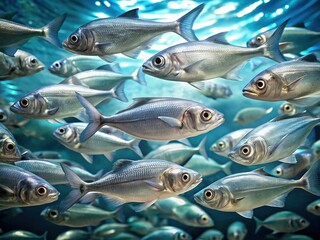 Ethereal Silver Fish School,  Left Composition, Copy Space for Text, Underwater Scene