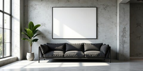 Modern minimalist living room interior design featuring a large blank canvas above a black sofa and a potted plant