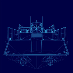 Blue drawing of a boat wireframe. The boat is shown in a 3D perspective