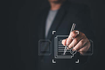 person in formal attire interacts with a digital interface displaying icons of signed documents and...