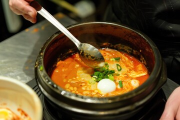 Traditional Tofu And Egg Stew In Korean Clay Pot.