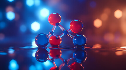 A molecular model of water (H2O), with blue and red atoms glowing softly, placed against a sleek metallic surface, during a minimalist science photoshoot