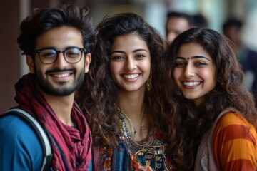 Fototapeta premium Joyful group of friends smiling together in a lively urban setting during a cultural festival celebration