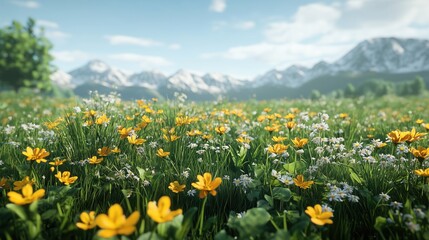 Obraz premium Spring meadow with wildflowers and a clear sky - generated AI