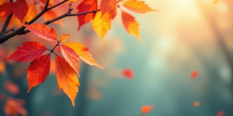 Autumnal Branch with Vibrant Red and Orange Leaves in Soft Focus, Gentle Sunlight Illuminating the Scene