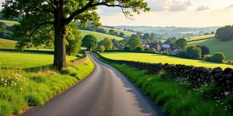 Obraz premium Serene Country Road Winding Through Verdant Rolling Hills and Past a Picturesque Stone Wall