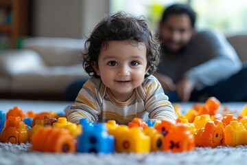 Fototapeta premium Infant happily exploring colorful blocks on the floor while parent watches nearby in a cozy living room setting