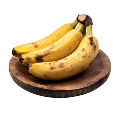 A cluster of three slightly overripe bananas with brown spots sits on a rustic wooden plate against a transparent background, cut out, PNG 3D Digital Art, clip art.