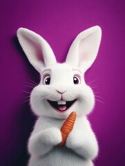 A smiling rabbit holding a carrot
