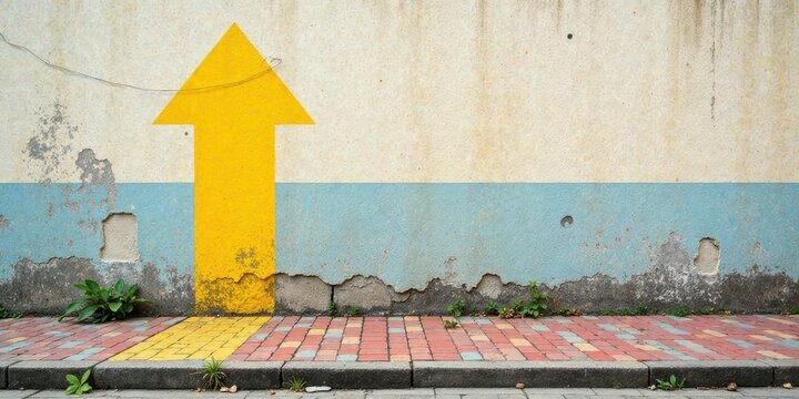 A vibrant yellow arrow painted on a weathered wall, signifying upward progress and direction, with a textured pavement below