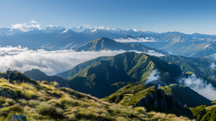 Naklejka premium Majestic Serenity: The Spectacular Mountain Ranges of New Zealand Bathed in Soft Sunlight