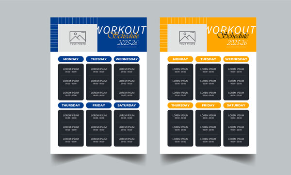 Weekly Workout Schedule, Event Schedule layout design template with unique design style concept	
