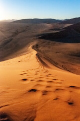 Exterior shot of the Namibian Sossusvlei sanddunes near the famous Dune 45 around sunrise