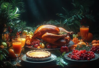 Festive Thanksgiving Dinner Table Spread Featuring Golden Roasted Turkey Surrounded by Seasonal Fruits, Vegetables, Desserts, and Refreshing Drinks Against a Warm, Inviting Background