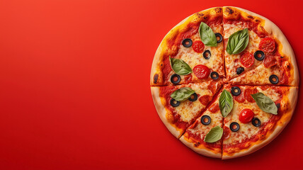 Pizza on a red background with empty space for text. Italian cheerful fast food. Pizza banner photo style poster. Digital illustration. AI artwork. 