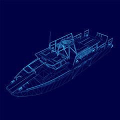 Blue boat is displayed in a blue background. The boat is a 3D model and is shown in a blue color