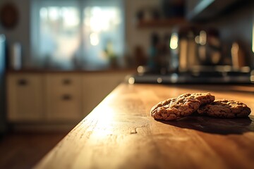 Oatmeal cookies resting on wooden kitchen counter in warm sunlight