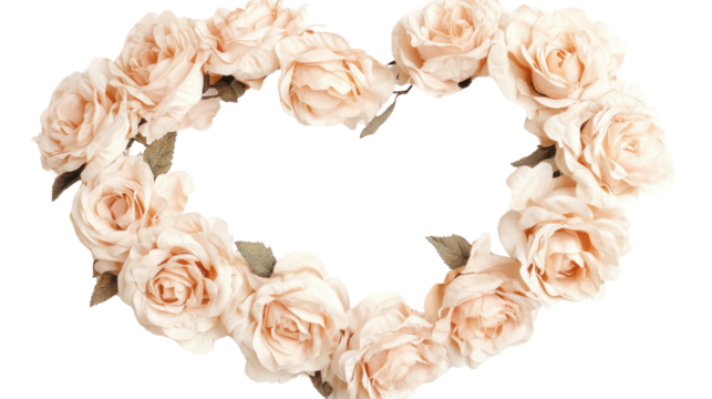 Heart shape frame layout with roses on transparent background 