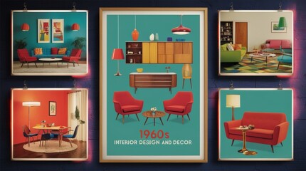 Retro 1960s interior design poster with iconic mid-century furniture and decor