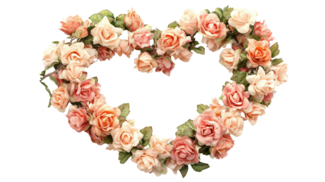 Heart shape frame layout with roses on transparent background 