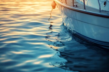 Luxury yacht moored in tranquil bay at golden sunset reflecting on calm water