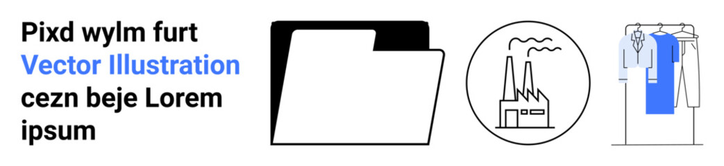 File folder icon, industrial factory, and clothing rack represent organization, production, and fashion. Ideal for business presentations, industry reports, office tools, garments storage
