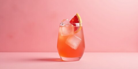Refreshing Pink Citrus Beverage with Ice Cubes in a Glass