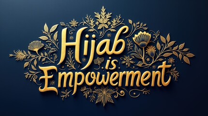 Gold Arabic Calligraphy Highlighting Hijab Empowerment with Ornamental Patterns