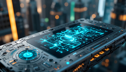 A close-up of a futuristic handheld device displaying a holographic map. The device has a sleek metallic surface with glowing buttons and intricate engravings.